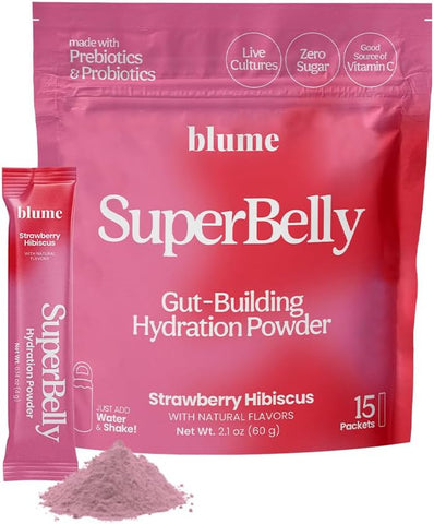 New SuperBelly: Pacotes para Saúde Intestinal e Hidratação Prática, Sem Açúcar, com Prebióticos, Probióticos, Vinagre de Maçã, Vitamina C e Eletrólitos, Sabor Morango Hibisco, 100% Natural - Blume