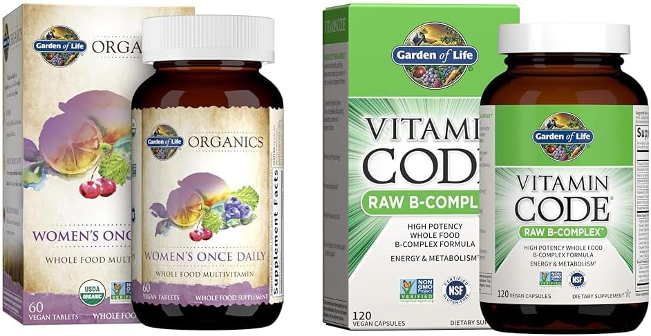 Multivitamínico Feminino 60 Comprimidos + Complexo de Vitamina B 120 Cápsulas para Energia, Metabolismo, Coração e Saúde Imunológica - Garden of Life