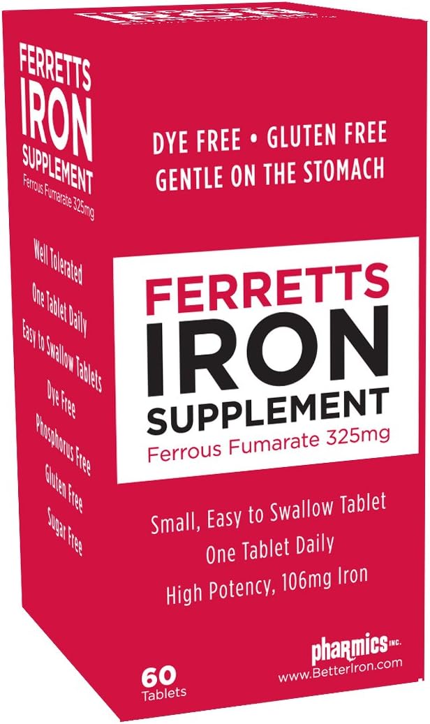 Pharmics - Ferretts Suplemento de Ferro, Alta Potência 106 mg Ferro Elemental – 60 comprimidos