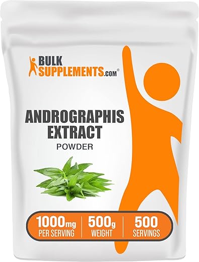 Andrographis Extract Powder – Andrographis Paniculata, Herbal Supplement – Gluten Free, 1000mg por Porção, 500g (1.1 lbs) (Embalagem de 1) | BulkSupplements.com