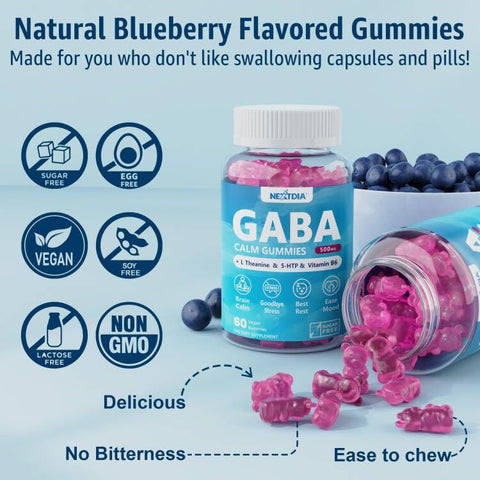 Nextdia - GABA Gummies 500 mg – Gomas Calmantes sem Açúcar com L Teanina, 5-HTP, Vitaminas D3, B12, Ashwagandha, Livre de Melatonina para Calma Mental, Humor, Melhor Sono, Suplemento de GABA para Adultos