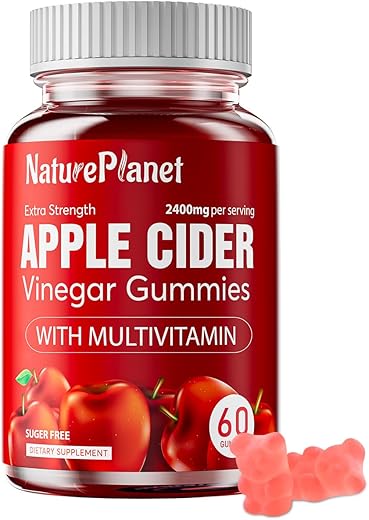 NaturePlanet - Gummies de Vinagre de Maçã, 2400 MG ACV com Multivitamina, Vegano, Não-OGM, Sem Glúten, 60 Gummies