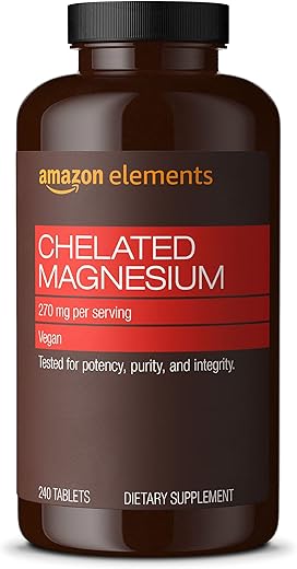 Magnésio Glicinato Quelato, 270 mg por Porção (2 Comprimidos), Vegano, 240 Comprimidos - Amazon Elements