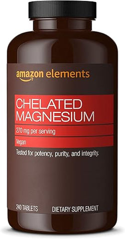 Magnésio Glicinato Quelato, 270 mg por Porção (2 Comprimidos), Vegano, 240 Comprimidos - Amazon Elements