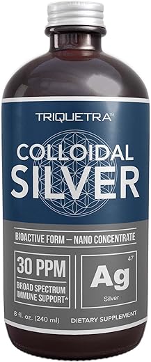Triquetra Health - Bioativo Coloidal de Prata – Frasco de Vidro 8 oz (236 ml), Vegano, Doses Seguras com Maior Eficácia – Nano Íons, 30 PPM – Suporte Imunológico (48 Porções)