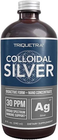 Triquetra Health - Bioativo Coloidal de Prata – Frasco de Vidro 8 oz (236 ml), Vegano, Doses Seguras com Maior Eficácia – Nano Íons, 30 PPM – Suporte Imunológico (48 Porções)