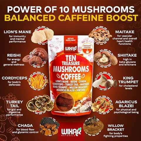 WIXAR NATURALS - Café de Cogumelo Wixar – Pó Instantâneo de Café com Extrato de Dez Tesouros de Cogumelos com Leão da Montanha, Cauda de Peru, Reishi, Chaga, Shiitake, Maitake, Cordyceps – 140g