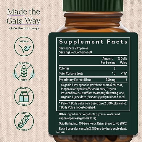 SleepThru – Suporte Natural ao Sono com Raiz de Ashwagandha Orgânica, Casca de Magnólia Orgânica, Passiflora e Tâmara de Jujuba – 120 Cápsulas Líquidas Veganas de Fitoterapia - Gaia Herbs