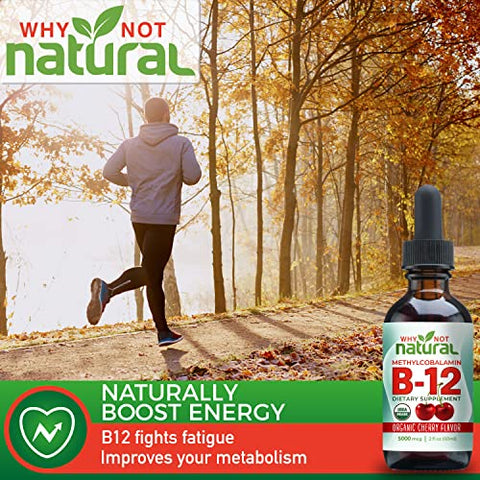 Why Not Natural - Vitamina B12 Líquida Orgânica Natural – Sublingual Extra Forte 60 x 5000 mcg Gotas de Metilcobalamina, Vegana, Máxima Absorção e Energia