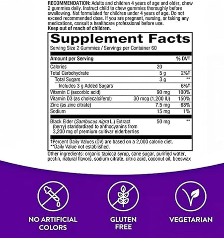 Generic - Nature S Way Sambucus Elderberry com Vitamina C e Zinco, 120 Gomas, Suporte Diário à Imunidade para Crianças e Adultos