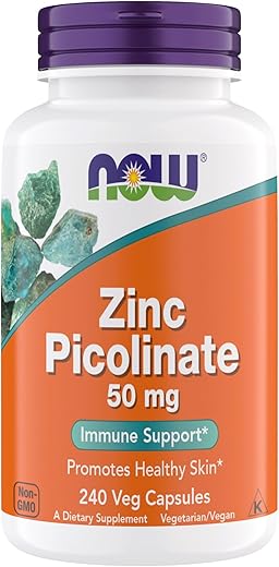 NOW Foods - Now Supplements, Zinco Picolinato 50 mg, Suporte às Funções Enzimáticas, Suporte Imunológico, Não-OGM, Kosher, Adequado para Veganos – 240 Cápsulas Vegetarianas (Pacote de 1)
