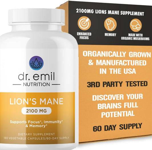DR. EMIL NUTRITION - Suplemento Orgânico de Cogumelo do Leão para Clareza Mental e Foco