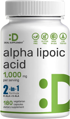 DEAL SUPPLEMENT - Alpha Lipoic Acid 1,000mg – 180 Cápsulas Vegetarianas – 50/50 R-ALA | Marca Alpha