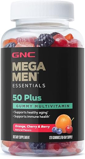 Mega Men Essentials 50 Plus Gummy Multivitamínico | Suporte para Envelhecimento Saudável e Saúde Imunológica | Laranja, Cereja e Frutas Vermelhas | 120 Unidades - GNC