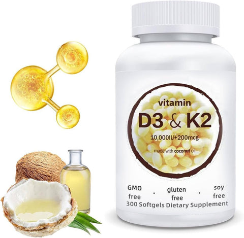 Generic - Suplemento Softgel de Vitamina D3 K2 com 10000 UI VIT D3 200 MCG Vitamina K2, Livre de GMO, Glúten, Soja, 2 em 1 Vitamina D3 e K2 (300 Unidades/Bottle)