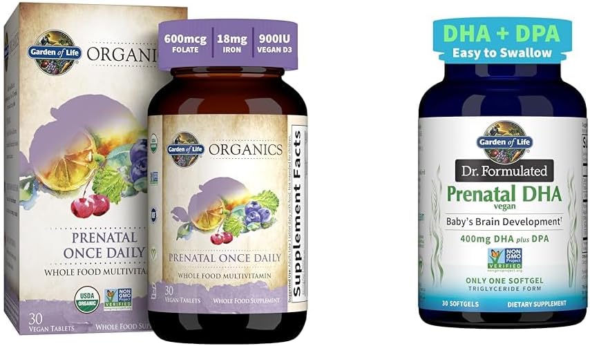 Organics – Kit Energia para Desenvolvimento Fetal Saudável com Multivitamínico Pré-Natal, Folate, DHA Vegano Ômega-3 e Suporte ao Desenvolvimento Cerebral - Garden of Life