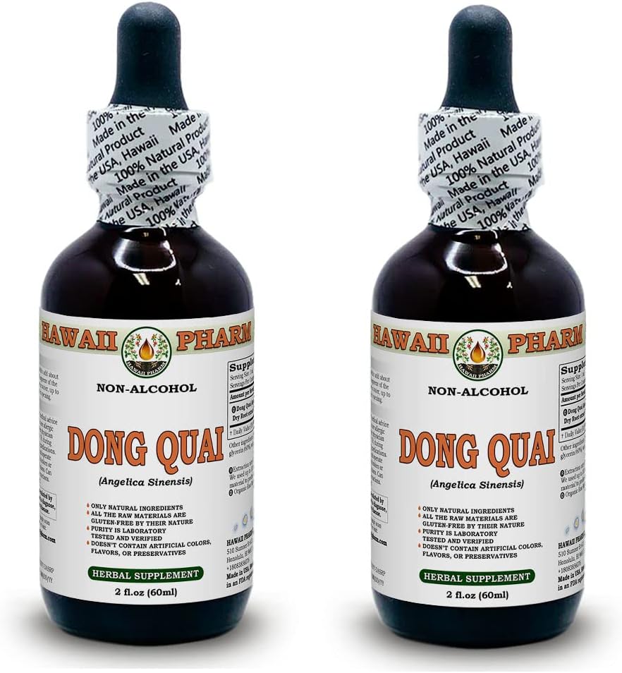 Dong Quai Extrato Líquido Sem Álcool, Raiz Seca de Angelica Chinesa Orgânica (Angelica sinensis) Glicerito Hawaii Pharm Suplemento Herbal Natural 2×2 ml