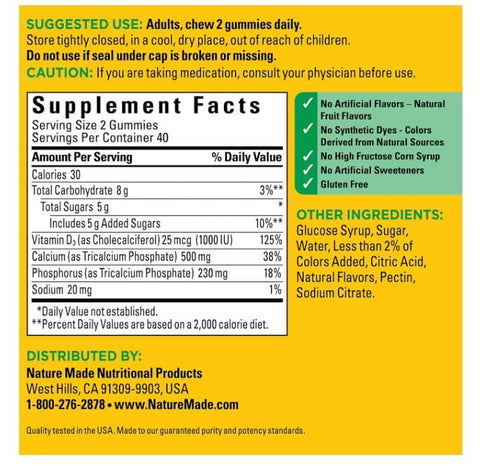 Generic - Calcium 500 mg com Vitamina D3, Nature Made, Suplemento para Suporte Ósseo, 80 Gomas, 40 Dias de Fornecimento, Livre de Glúten, para Adultos