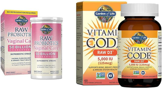 Probióticos Cuidado Vaginal com 50 Bilhões de UFC – 30 Cápsulas e Vitamina D3 5000 UI com Probióticos – 60 Cápsulas Vegetarianas Bundle - Garden of Life