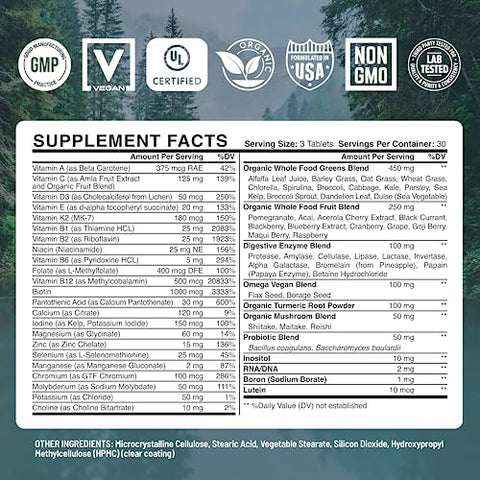 Abundant Earth - Multivitamínico Natural para Mulheres, Suplemento Diário de Vitaminas para Homens, Complexo B de Multivitaminas Masculinas, Probiótico de Enzimas Múltiplas, Ômegas para Energia Orgânica, Humor, Digestão 90ct