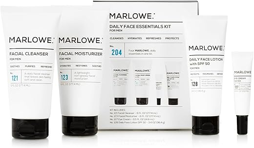 MARLOWE. - Kit Essencial Diário No. 204 para Cuidados com a Pele Masculina: Kit Facial No. 121 Limpeza Facial, No. 123 Hidratante Facial, No. 127 Creme para os Olhos, No. 128 Loção Facial Diária com FPS 50. Presente Perfeito!