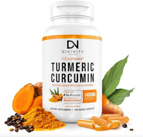 Divinity Nutra - Turmeric Curcumin com BioPerine Pimenta Preta 1400mg, Suporte Natural GLP-1, Máxima Absorção, Suplemento de Cúrcuma para Suporte Articular com 95%% Curcuminoides Padronizados C3