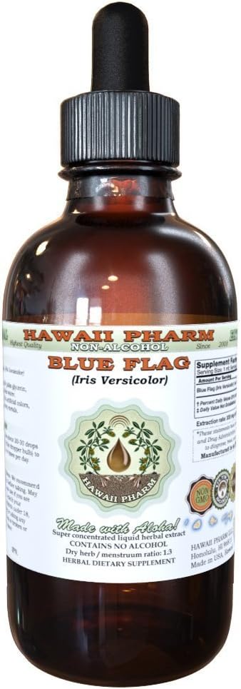 Extrato Líquido de Blue Flag Sem Álcool, Raiz Seca de Blue Flag Orgânica (Iris versicolor) Glicerito da Hawaii Pharm, Suplemento Herbal Natural 60 ml