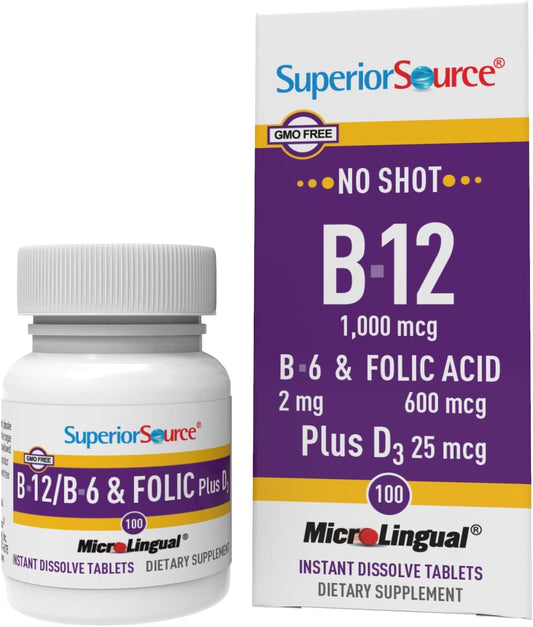 Vitamina B12 Cyanocobalamin 1000 mcg, B6, Ácido Fólico, Vitamina D 1000 UI, Comprimidos MicroLingual de Dissolução Rápida, 100 Unidades, Saúde Óssea, Metabolismo Energético - Superior Source