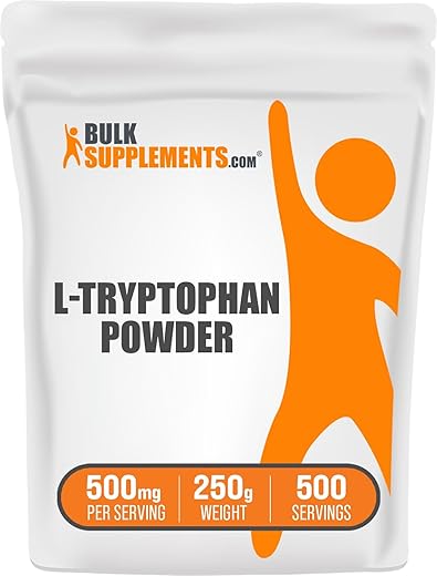 com L-Tryptophan em Pó – 500mg de L-Tryptophan, Suplemento de Aminoácidos, Livre de Glúten, 500mg por Porção, 250g (Pack de 1) - BulkSupplements