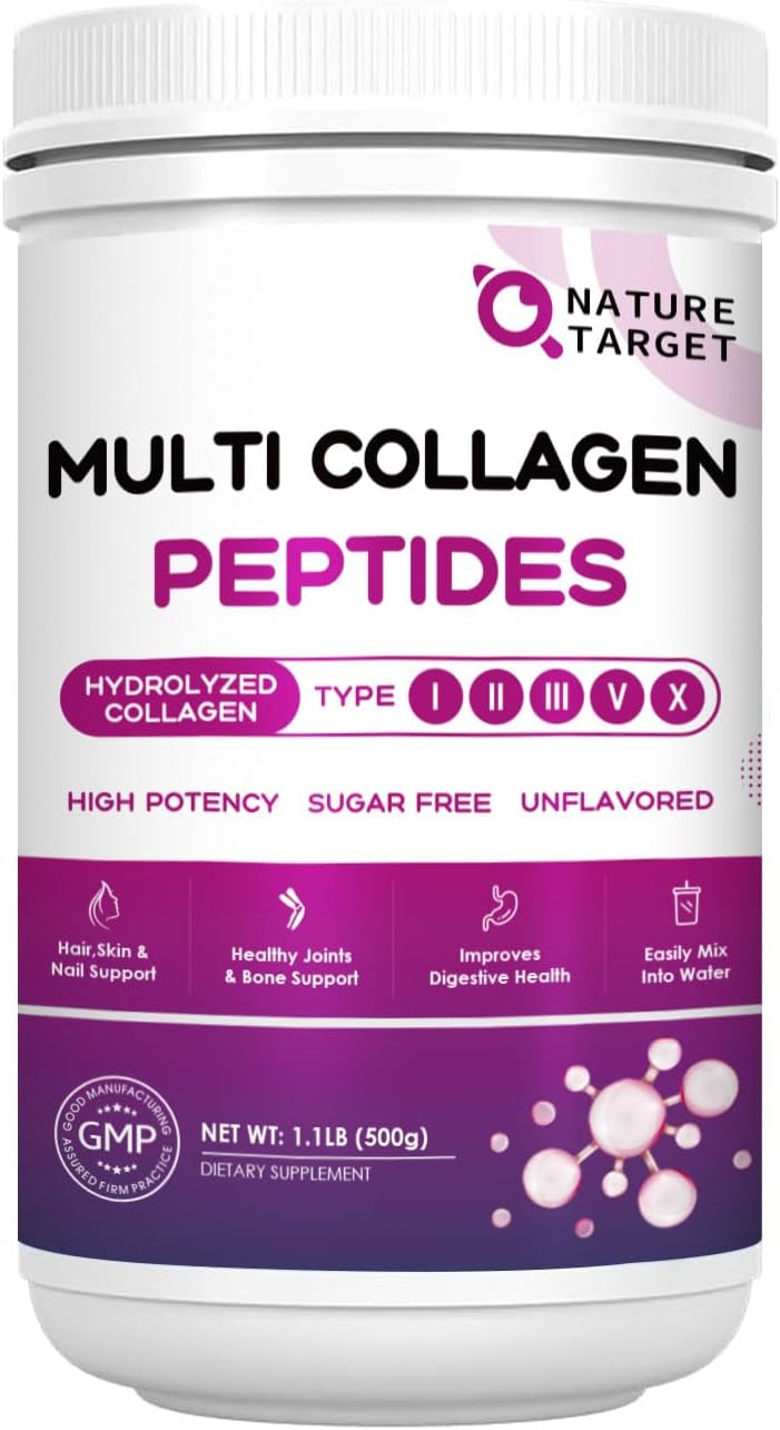 Pó de Colágeno Hidrolisado com Vitamina C e Ácido Hialurônico – Suporte para Pele, Cabelo e Unhas – Tipo I, II, III, V, X – 100g - NATURE TARGET