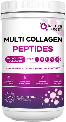 Pó de Colágeno Hidrolisado com Vitamina C e Ácido Hialurônico – Suporte para Pele, Cabelo e Unhas – Tipo I, II, III, V, X – 100g - NATURE TARGET