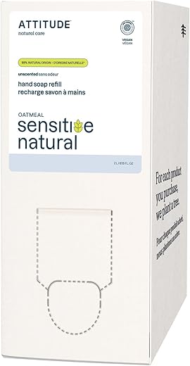 Sabonete Líquido ATTITUDE para Pele Sensível, Verificado pelo EWG, Enriquecido com Aveia, Testado Dermatologicamente, Vegano, Sem Fragrância, Recarga Econômica, 2000 ml