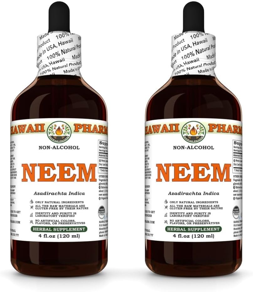 Neem Glicerito de Folha Seca de Neem Orgânico, Extrato Líquido Sem Álcool, Hawaii Pharm, EUA 2×120 ml