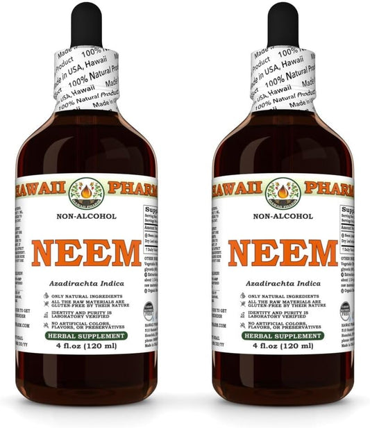 Neem Glicerito de Folha Seca de Neem Orgânico, Extrato Líquido Sem Álcool, Hawaii Pharm, EUA 2×120 ml