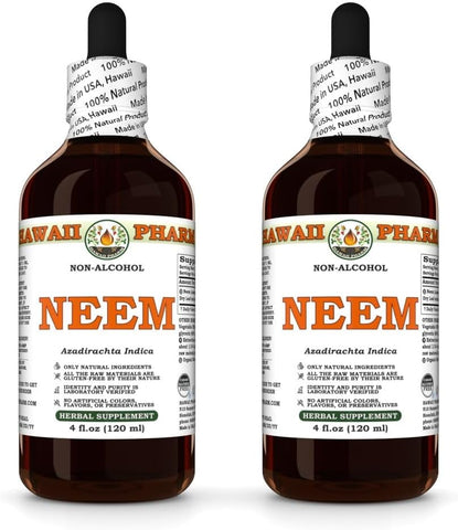 Neem Glicerito de Folha Seca de Neem Orgânico, Extrato Líquido Sem Álcool, Hawaii Pharm, EUA 2×120 ml