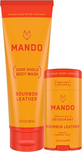 Smooth Solid Stick (75g) Sabonete Líquido Acidificado (250ml) – Comprovado Clinicamente para Bloquear Odor o Dia Todo – Seguro para Todo o Corpo, Axilas, Pacotes e Pés (Couro de Bourbon) - Mando