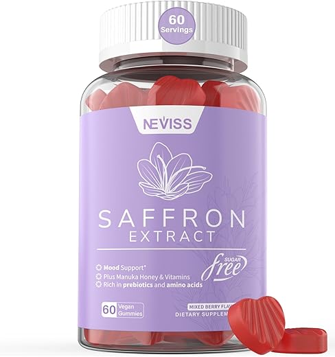 NEVISS - Gummies de Açafrão – Gummies de Suplemento de Açafrão 100% Extrato Puro de Açafrão em Gummies de Ervas Inteiras com Mel para o Humor