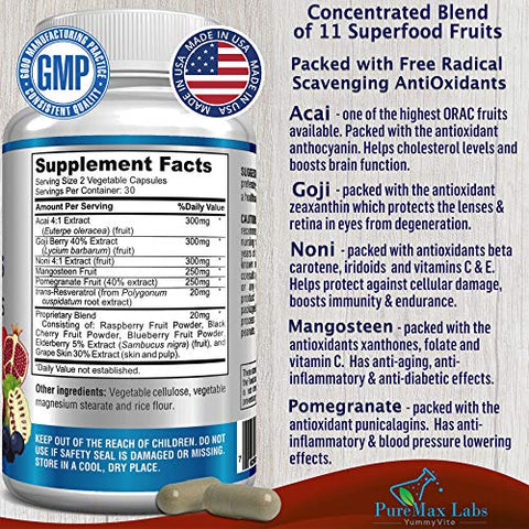 YUMMYVITE - Superfood Complexo de Frutas Super Antioxidantes – Açaí, Goji, Noni, Mangostão, Romã, Sambucus, Resveratrol, Suporte Imunológico, Cuidados com a Pele – 60 cápsulas