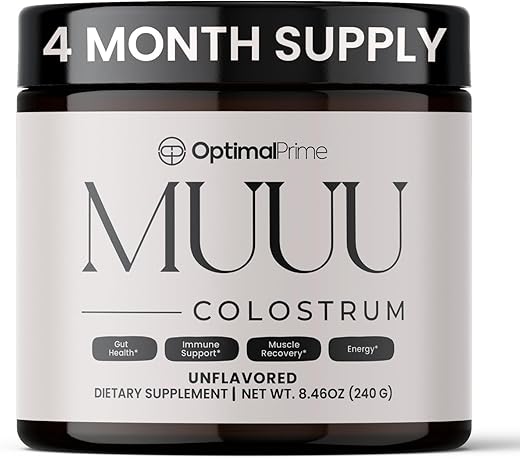 Pó de Superalimento e Suplemento de Colostro Bovino MUUU para Saúde Intestinal, Inchaço, Suporte Imunológico, Cabelo, Pele e Unhas, Sem Sabor, 120 Porções - Optimal Prime