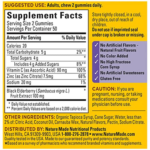 Elderberry com Vitamina C e Zinco, Gomas para Suporte Imunológico, 100 Gomas, Suprimento de 50 Dias - Nature Made