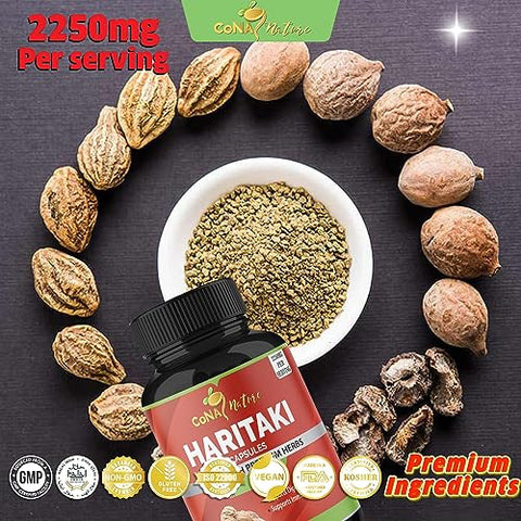 Cona Nature - Cápsulas de Haritaki Orgânica India 2250MG, Rejuvenescimento, Melhora da Digestão, Regularidade | Ervas e Suplementos Veganos Sem OGM e Sem Glúten, 120 Caps