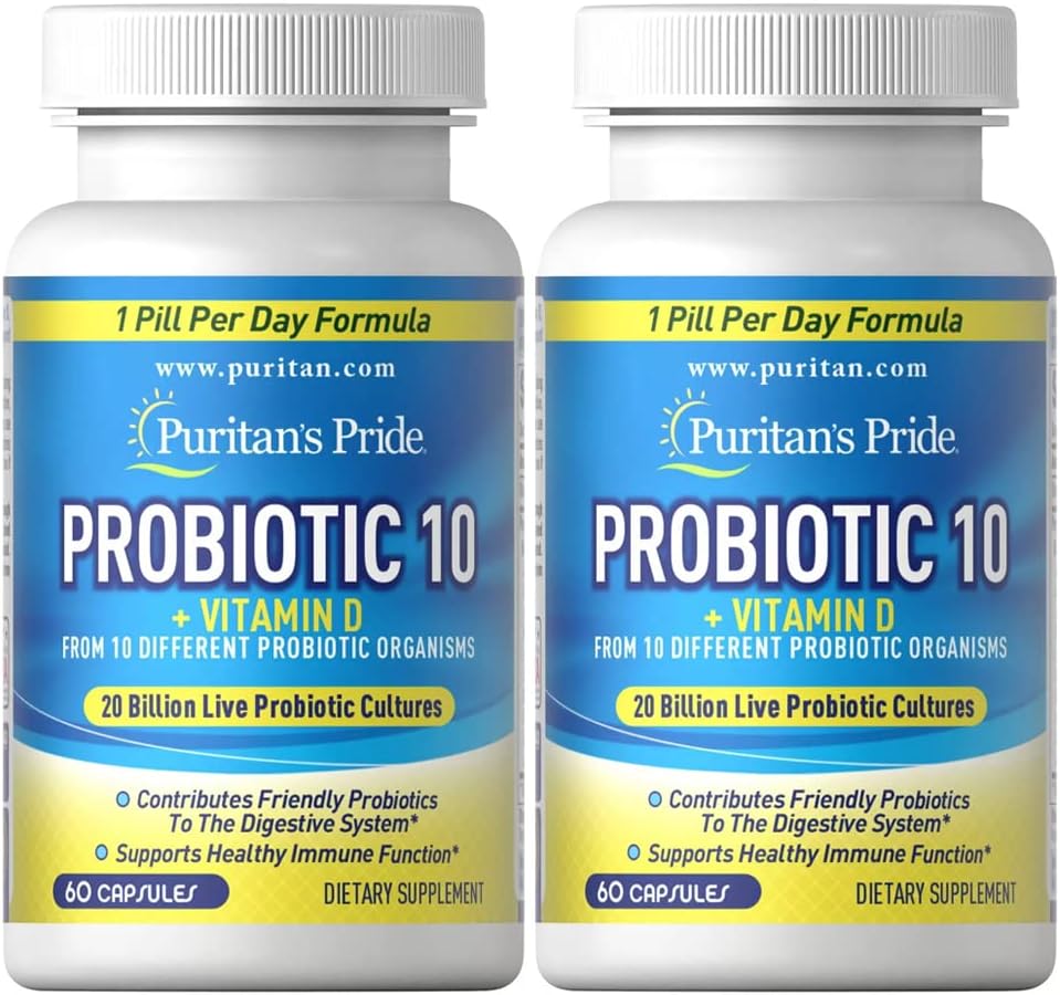 Puritan's Pride - Puritan’s Pride Probiótico 10 com Vitamina D, 60 Cápsulas (Pacote com 2) – Melhor Marca de Probiótico com Vitamina D