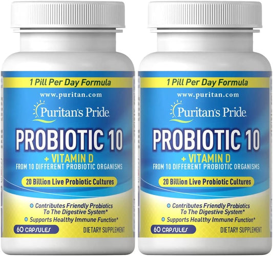 Puritan's Pride - Puritan’s Pride Probiótico 10 com Vitamina D, 60 Cápsulas (Pacote com 2) – Melhor Marca de Probiótico com Vitamina D