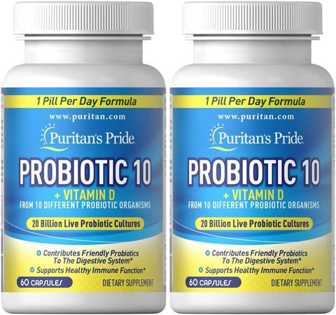 Puritan's Pride - Puritan’s Pride Probiótico 10 com Vitamina D, 60 Cápsulas (Pacote com 2) – Melhor Marca de Probiótico com Vitamina D