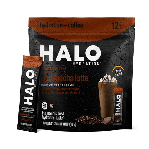HALO Sport - HALO Iced Mocha Latte – Pó de Bebida Energética – Mistura de Café Saudável para Hidratação com Eletrólitos, Cafeína, Vitaminas e Minerais – 20 Calorias – Keto e Baixa Caloria – 1 x 12
