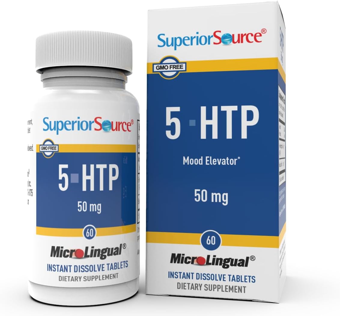 5-HTP 50 mg – Comprimidos MicroLingual de Dissolução Rápida, 60 un, Suporte Neurotransmissor, Promove Sono Repousante, Não-OGM - Superior Source