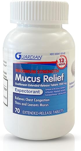 Mucus Relief 12 Horas (70 comprimidos) Liberação Prolongada de Guaifenesina, 1200mg Máxima Potência, Comprimidos Expectorantes para Congestão Torácica (Frasco com 70 Comprimidos) - Guardian