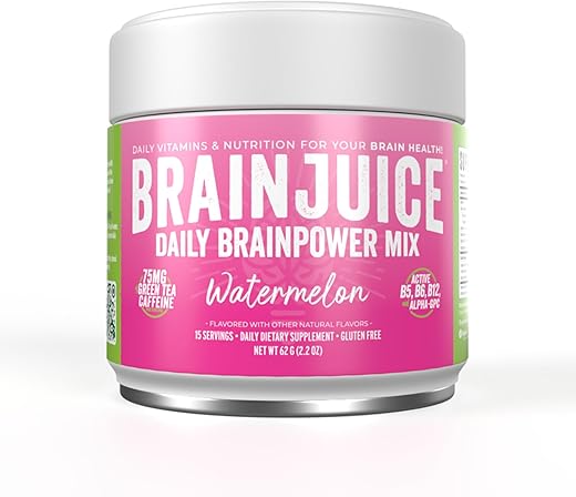 Suplemento de Suporte Cerebral com Nootrópicos, Pó sem Glúten para Energia e Foco, Mistura para Bebida com L Teanina, Alpha GPC, Vitamina B, Extrato de Chá Verde Orgânico com Cafeína, 100g - BrainJuice