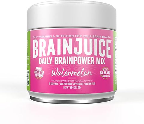 Suplemento de Suporte Cerebral com Nootrópicos, Pó sem Glúten para Energia e Foco, Mistura para Bebida com L Teanina, Alpha GPC, Vitamina B, Extrato de Chá Verde Orgânico com Cafeína, 100g - BrainJuice