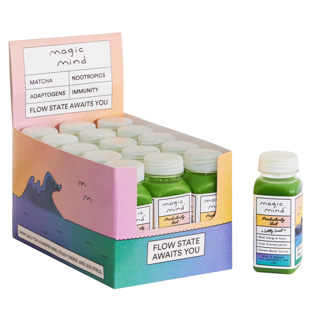 Energy And Focus Drink Shots – Alívio do Estresse, Sem Nervosismo, Ashwagandha, Vitamina B12, Vitamina C, Chá Verde Matcha, Cogumelos Funcionais – 60 ml (15 Pacotes) - Magic Mind